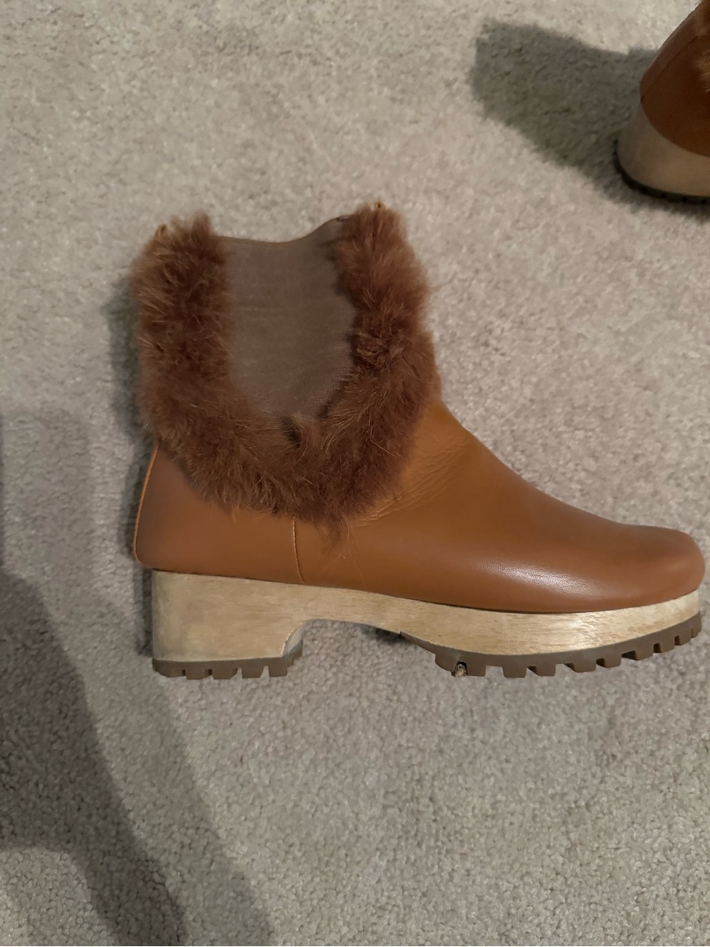 Fur-Trim Clog Ankle Bootie in Cognac